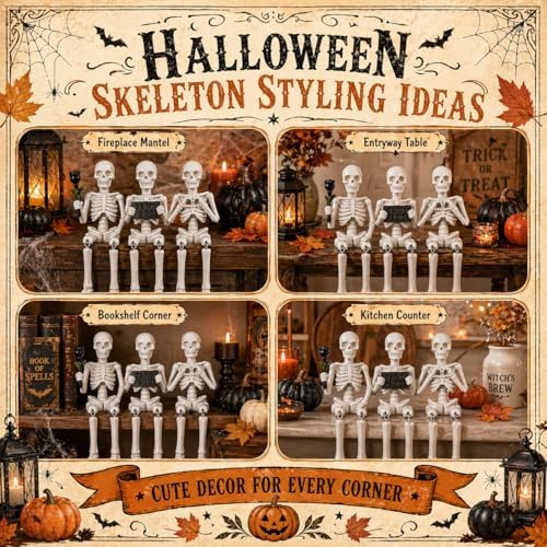 Halloween Skeleton Decorations Indoor 3Pcs Funny Skull Figurines for Mantel Shelf Table Bookshelf Cute Spooky Halloween Decor for Home Office Skeleton Shelf Sitters Halloween Tabletop Decorations - Image 5
