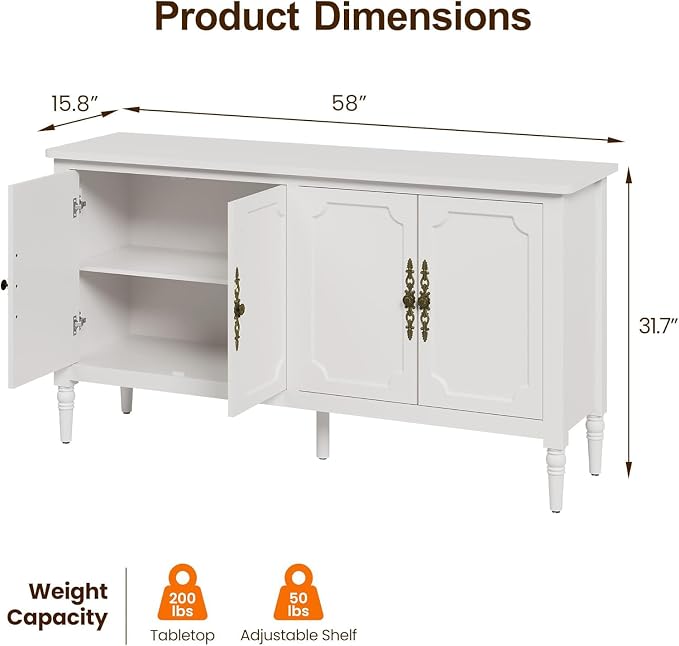 FansaFurn Sideboard with 4 Doors, Mid-Century Console Table with Adjustable - Image 2