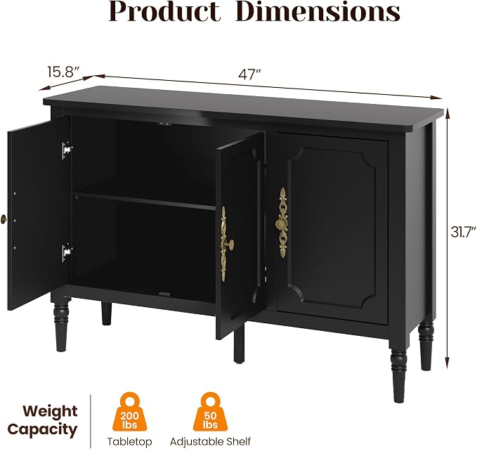 FansaFurn 3-Door Cabinet with Adjustable Shelves, Accent Sideboard with Turned - Image 2