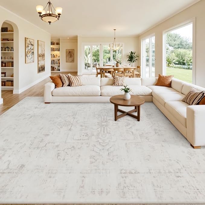 10x14 Area Rugs Living Room: Bedroom Washable Carpet Neutral Cream | Large by Luxturiy