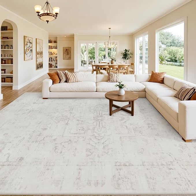 Area Rugs 9x12 Living Room: Bedroom Washable Carpet Neutral Cream | Large - Image 8