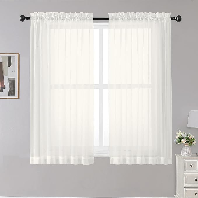 Sheer Curtains Ivory, Short Panels Rod Pocket 2 Panels, Cafe Curtains Small by OWENIE