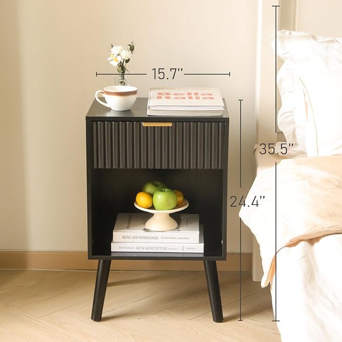 Fultyle Black Fluted Nightstand, Modern Bedside Table - Image 4