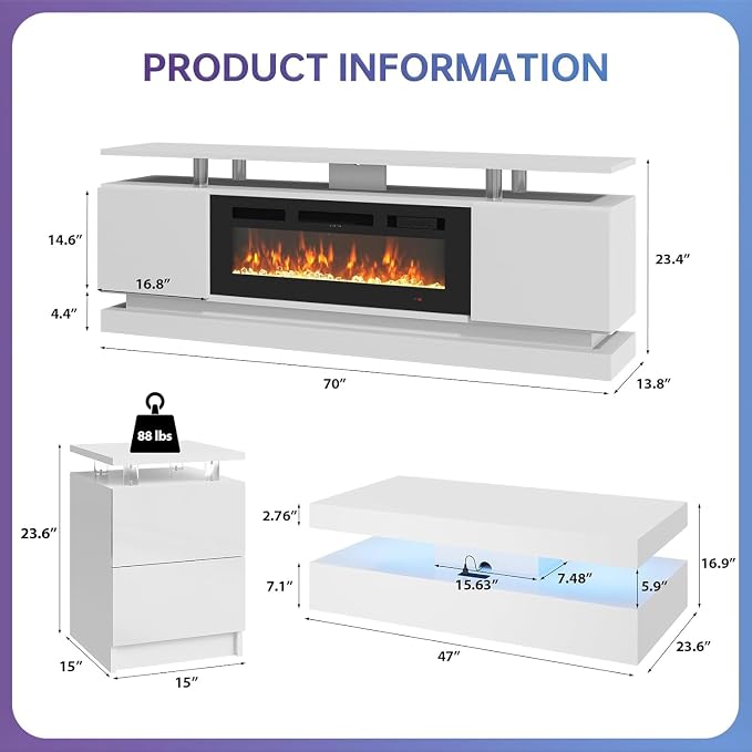 4-Piece Modern Living Room Table Set, Includes High Gloss 70" Fireplace TV Stand - Image 3