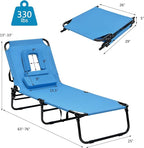 Folding Beach Lounge Chair w/ 5 Adjutable Backrest & Padded Pillow, Sunbathing - Image 9