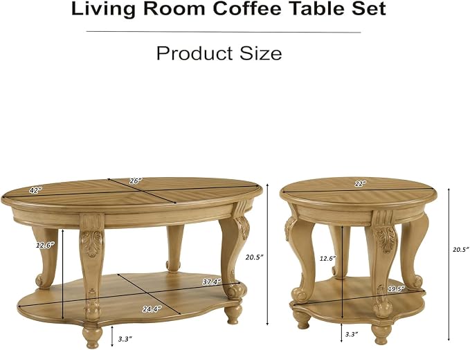 Solid Wood Coffee Table Set for Living Room, Coffee Table & 2 End Side Table - Image 2