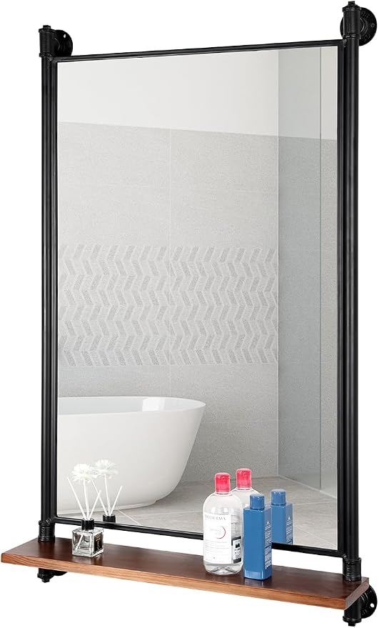 Industrial Pipe Mirror Wood Shelves, Bedroom Mirror - Image 3