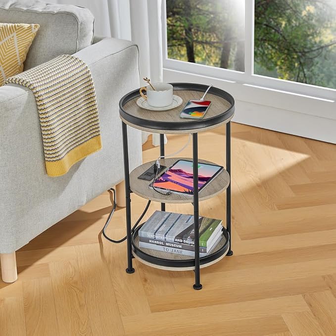 Dulcii Round Side Table with Charging Station, End Table with 3 Shelves - Image 2