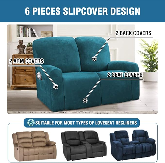 H.VERSAILTEX Velvet Stretch Recliner Couch Covers 6-Pieces Recliner Loveseat - Image 2