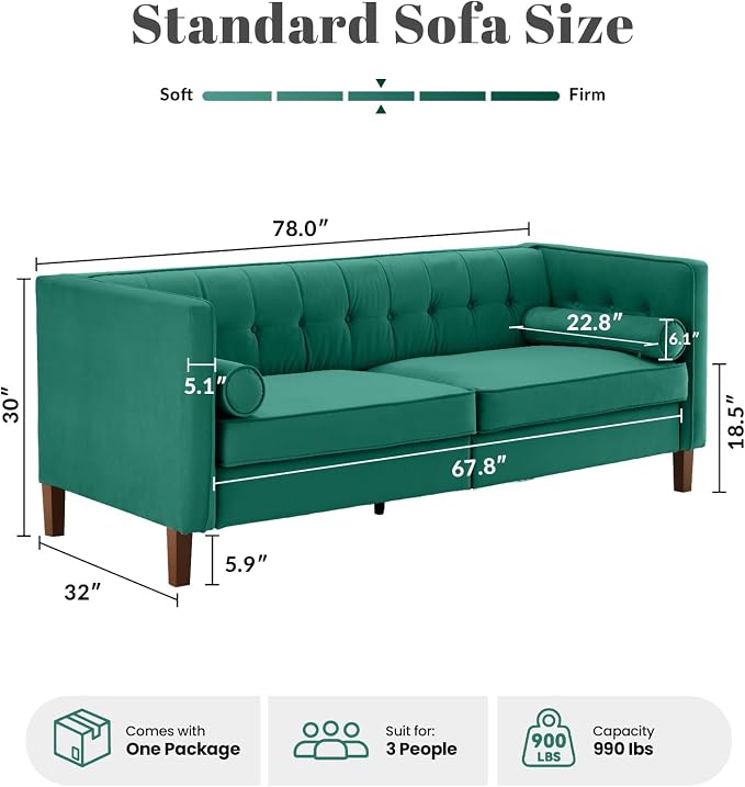 Dreamsir 78'' W Velvet Sofa, Mid-Century Love Seats Sofa Furniture - Image 2