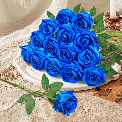 22 Pcs Artificial Blue Roses with Stems - Velvet Faux Flowers Bulk for Wedding Home Decor (Blue) - Image 2