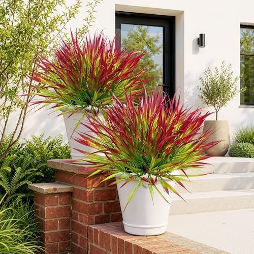 Uieke 28 Bundles Artificial Outdoor Plants UV Resistant Fake Grass Plants Faux Plastic Plants Greenery Shrubs for Home Garden Pathway Window Box Front Porch Summer Fall Decor, Deep Red by Uieke