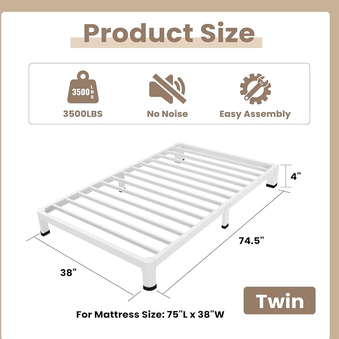 ROIL 4 Inch White Twin Bed Frame - Image 2