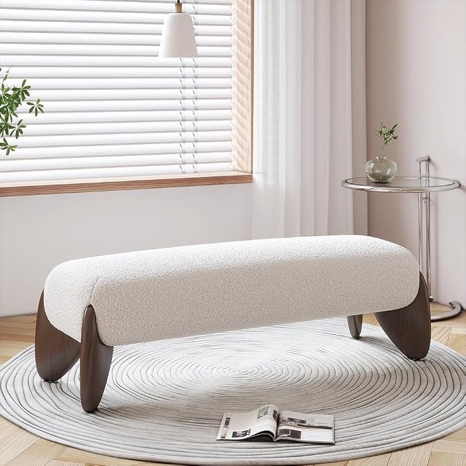 homary Curva Modern White Boucle King Size Platform Bed Set & Bedroom Bench - Image 4