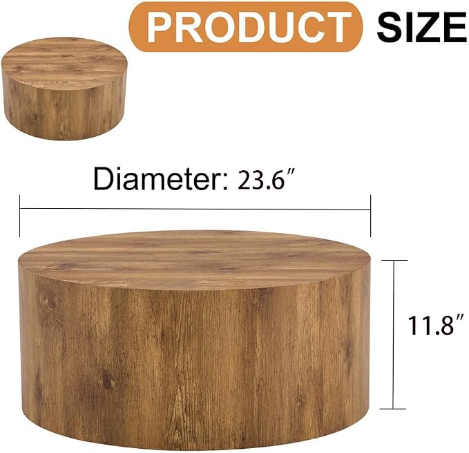 Round Coffee Table, 23.6" Modern Wood Drum Coffee Table, Round Accent Center - Image 2