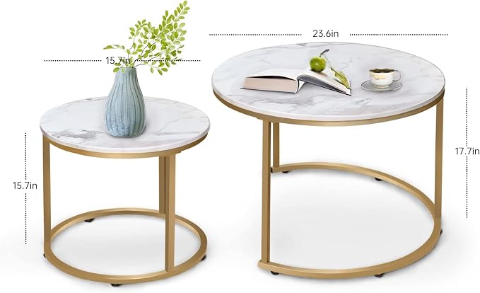 aboxoo Coffee Table Nesting White Set of 2 Side Set Golden Frame Circular Round - Image 3