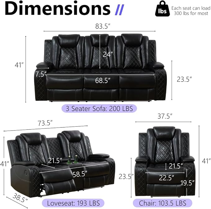 Power Recliner Sofa Set, Breathing Leather Reclining Sofa Set, Recliner Couch - Image 2