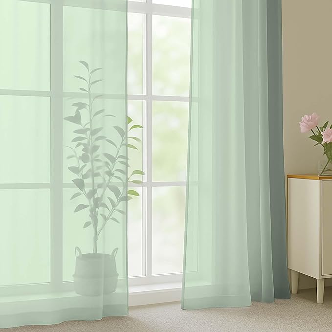 Sage Green Sheer Curtain 90 Inches Long 2 Panels Set, Solid Filmy Drapes - Image 3