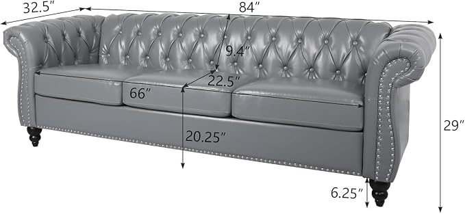 Chesterfield 3 Seater Sofa, Modern Leather Tufted Couch 3 Seater - Image 2