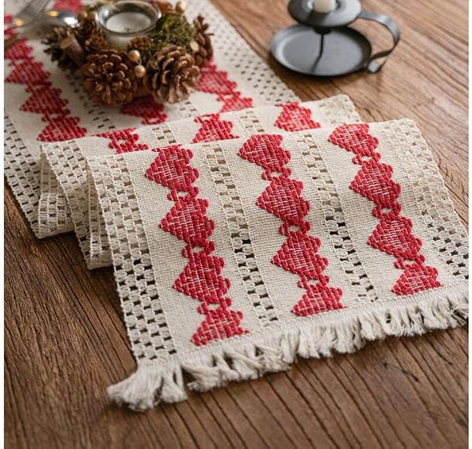 Macrame Table Runner Beige and Red Heart Table Runners by AlynsehomCreateaBetterLife
