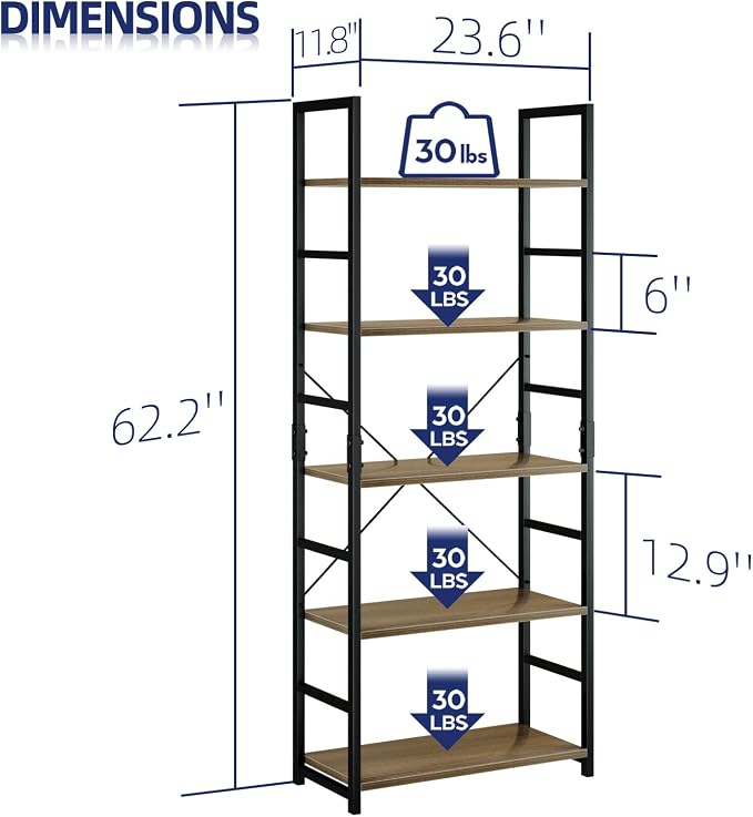 NUMENN 5 Tier Bookshelf, Tall Bookcase Shelf Storage Organizer, Modern Book - Image 3