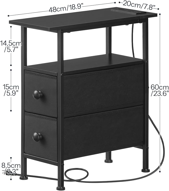 HOOBRO End Table with Charging Station, Narrow Side Table with 2 Fabric Drawers - Image 3