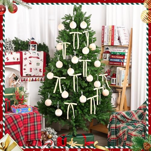 51 Pcs Christmas Velvet Ornaments 15 Pcs Christmas Tree Decor Balls 3.14" 36 Pcs Velvet Vintage Ribbon Bows 5/8" Wide 6 * 8" for Xmas Tree Hanging Decorations Home Indoor Decor (White) - Image 6