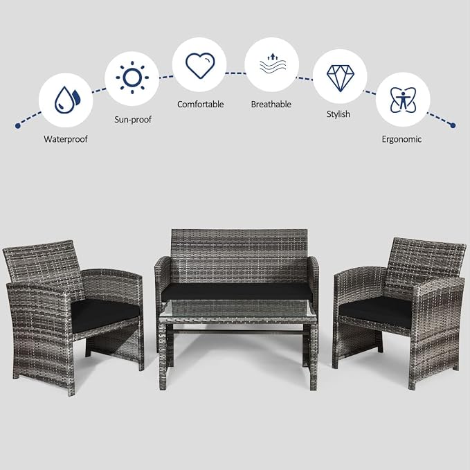 Tangkula 4 PCS Wicker Patio Conversation Set, Outdoor Rattan Sofas - Image 9