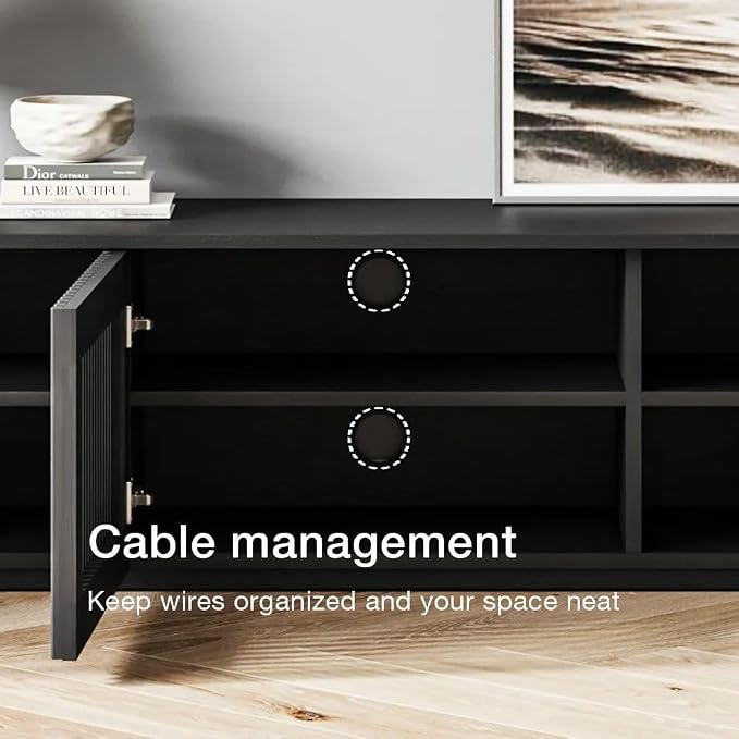 POVISON Fully-Assembled Mid Century Modern Wood Slatted TV Stand - Image 6