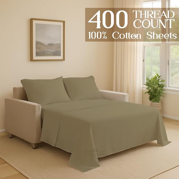 Sleeper Sofa Bed Sheet, 100% Cotton 400 Thread Count, 4 Piece Set, Deep Pocket - Image 2