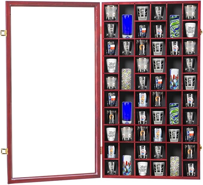 Shot Glass Display Case Large Wooden Cabinet Rack Holder Wall Mounted Mahogany by SNAIL