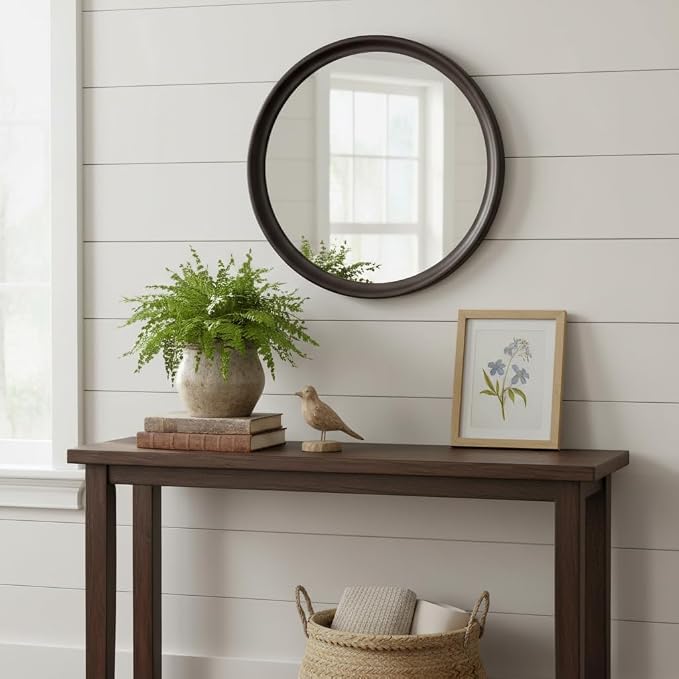 Round Mirrors 24 Inch, Rustic Decorative Transitional Dark Walnut Wall Mirror - Image 3