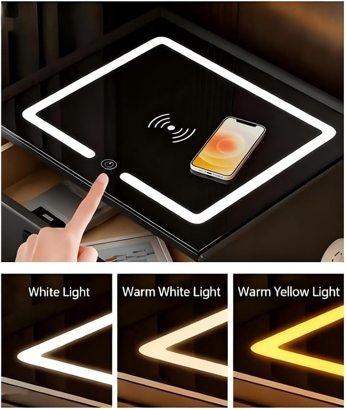 Smart Nightstand with 3 Drawers, Tri-Color Lights, Wireless Charging Port and - Image 3