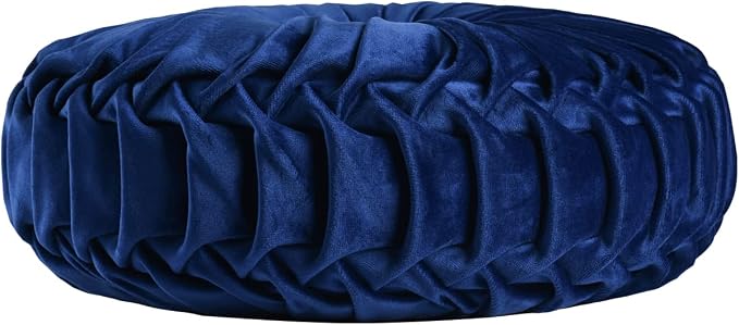 HIG Set of 2 Navy Velvet Decorative Round Pleated Throw Pillows | Vintage Floor - Image 4
