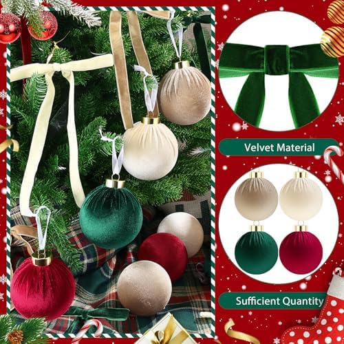 51 Pcs Christmas Velvet Ornaments 15 Pcs Christmas Tree Decor Balls 3.14" 36 Pcs Velvet Vintage Ribbon Bows 5/8" Wide 6 * 8" for Xmas Tree Hanging Decorations Home Indoor Decor (Four Colors) - Image 3
