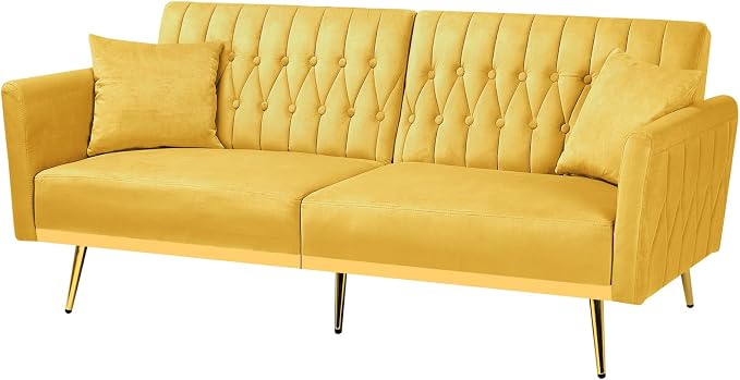 70” Velvet Futon Sofa Bed w/Adjustable Armrests & 2 Pillows, Convertible Futon - Image 8