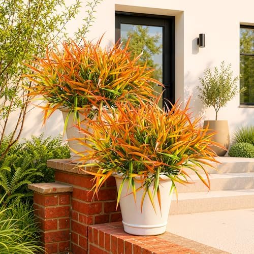 Uieke 28 Bundles Artificial Outdoor Plants UV Resistant Fake Grass Plants Faux Plastic Plants Greenery Shrubs for Home Garden Pathway Window Box Front Porch Cemetery Fall Decor, Autumn Orange by Uieke
