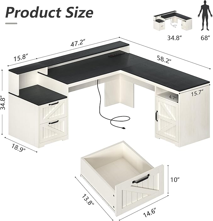 YOMILUVE 63" Farmhouse L Shaped Executive Desk - Image 2