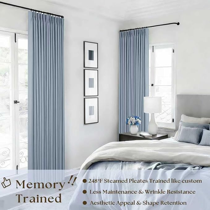 Dusty Blue Pinch Pleat 100% Blackout Linen Bedroom Curtains 96 Inch Length | - Image 2