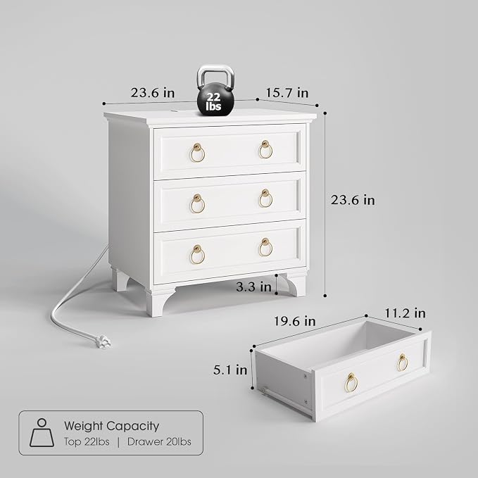 JOINICE White Night Stand with Charging Station, Modern Nightstand with 3 - Image 2