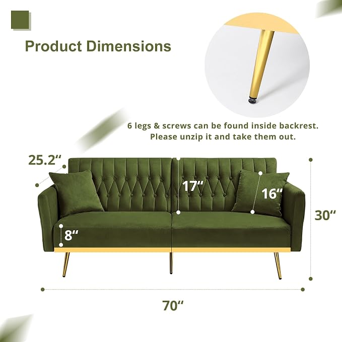 70” Velvet Futon Sofa Bed w/Adjustable Armrests & 2 Pillows, Convertible Futon - Image 3