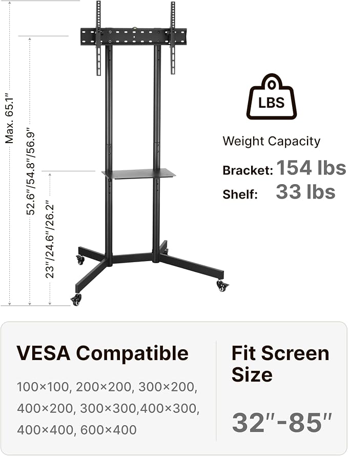 Heavy-Duty Rolling TV Stand for 32–85" Screens — Supports 187 lbs, Stable - Image 6