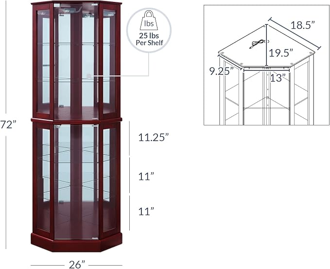 BELLEZE Lighted Corner Display Curio Cabinet Wooden Curved Shelving Unit - Image 2