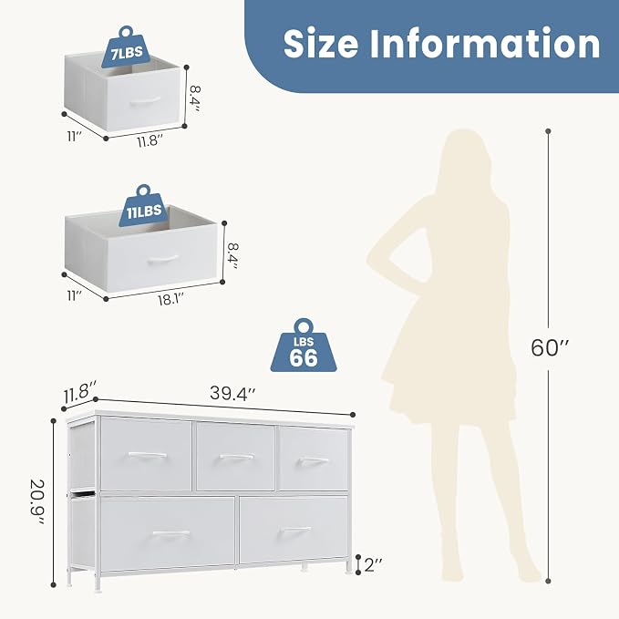 DUMOS Dresser for Bedroom, 5 Storage Drawers, Wide Fabric Closet Chests - Image 3