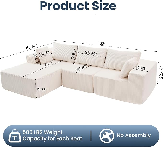 DUMOS 108" Boneless Couch, Cloud Sectional Couch - Image 3