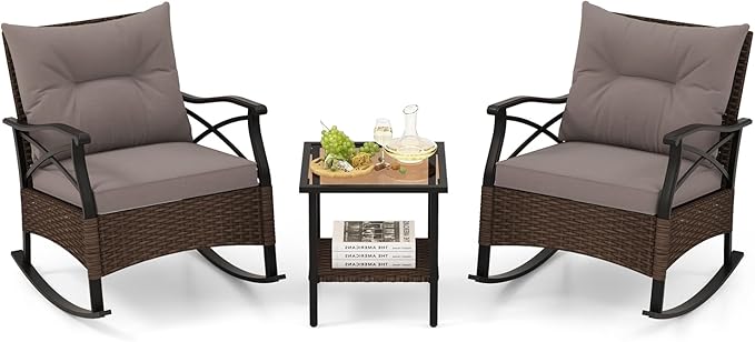 Tangkula 3 Pieces Outdoor Rocking Chairs Set, Rattan Heavy Duty Cushioned by TANGKULA