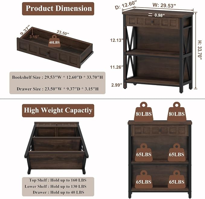 FATORRI Small Bookcase with Drawer, Industrial 3 Shelf Bookshelf, Wood and - Image 2