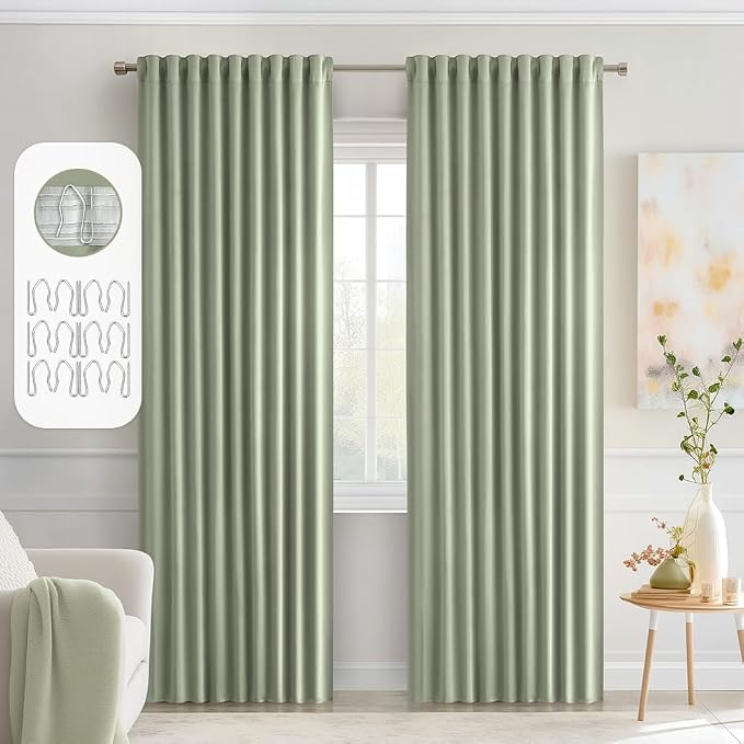 MIULEE Sage Green Back Tab Blackout Curtains 52x90 Inch Long 2 Panels Set | Rod by MIULEE