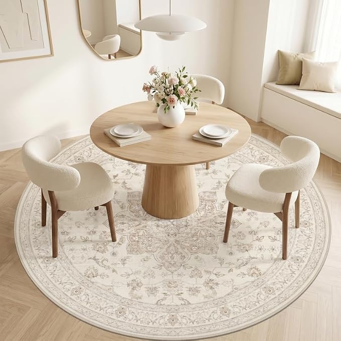 Round Area Rug Living Room: 6ft Washable Carpet Beige White | Vintage Boho - Image 2