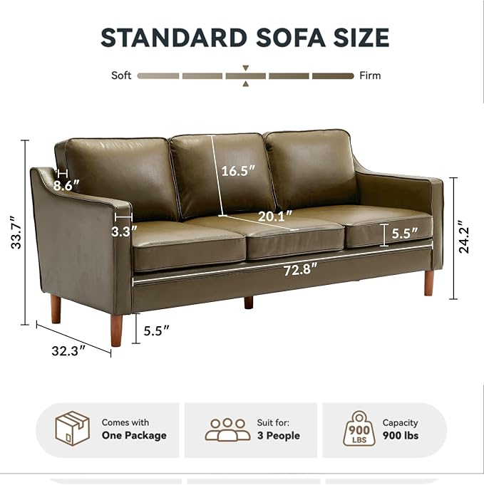Kingfun 80" Faux Leather Sofa, 3 Seater Couch, Mid Century Modern Couches - Image 2
